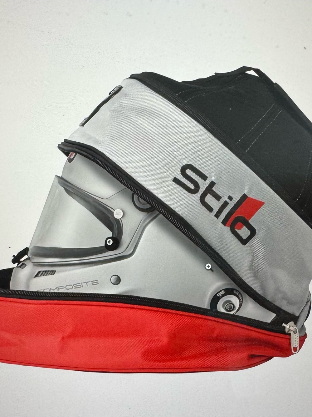 Stilo Racing Helmet Bag with Helmet - Silver, Black & Red
